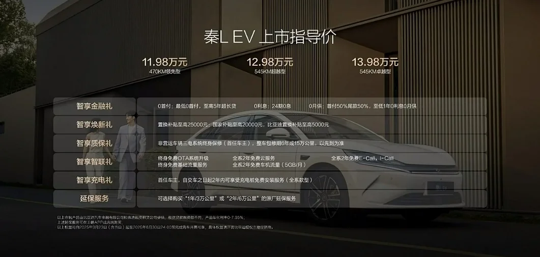 后驅平權+智駕平權！比亞迪秦L EV上市售價11.98萬元起